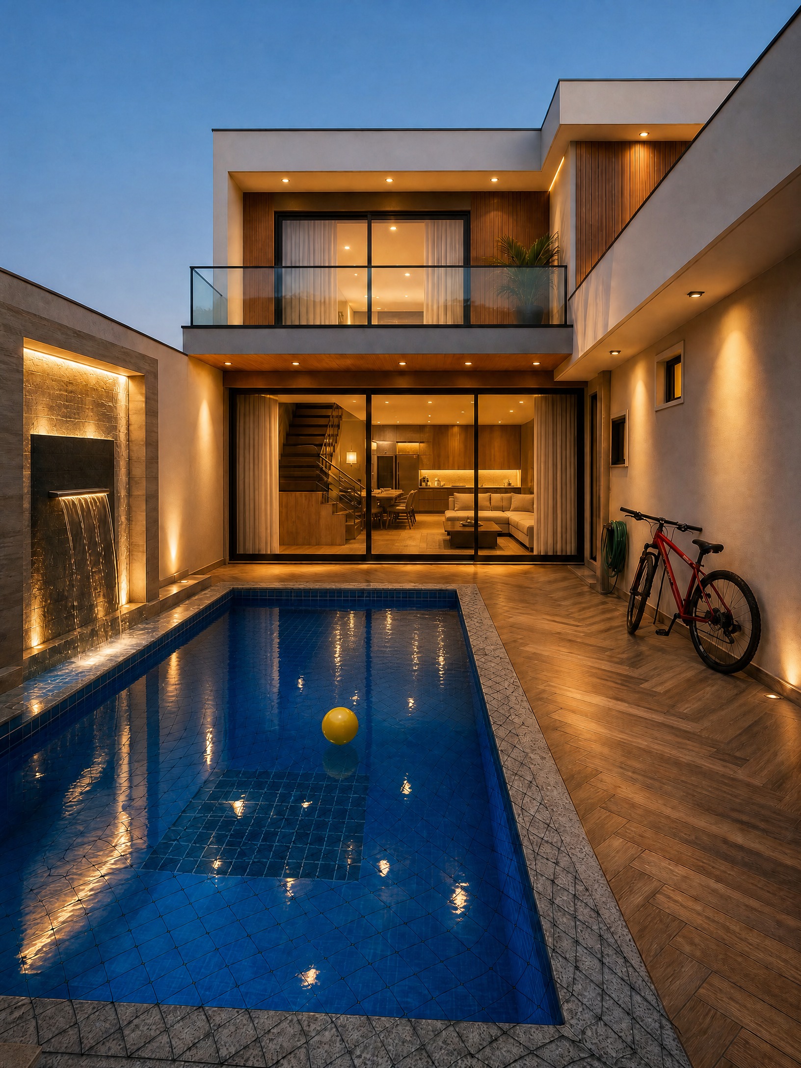 Estudo conceitual da área gourmet e piscina iluminada ao entardecer